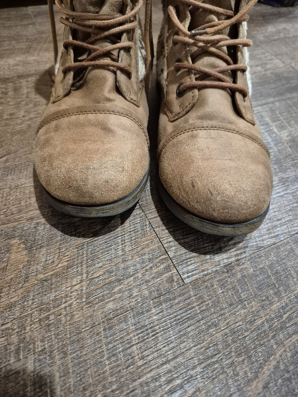 Brash Tan Lace-Up Ankle Boots with Cream Crochet Panels - Picture 7 of 14